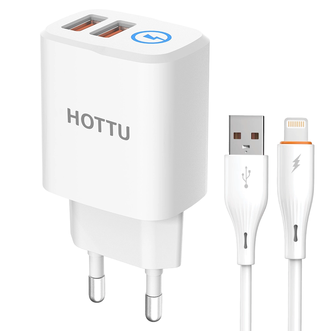 HOTTU FC02 Plus Dual USB Wall Charger with 2.4A Fast Charging & Charging Cable