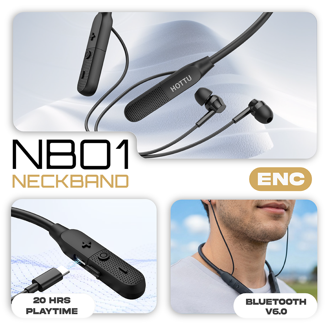 HOTTU NB01 Wireless Neckband – 20 Hours Playtime, Deep Bass & ENC