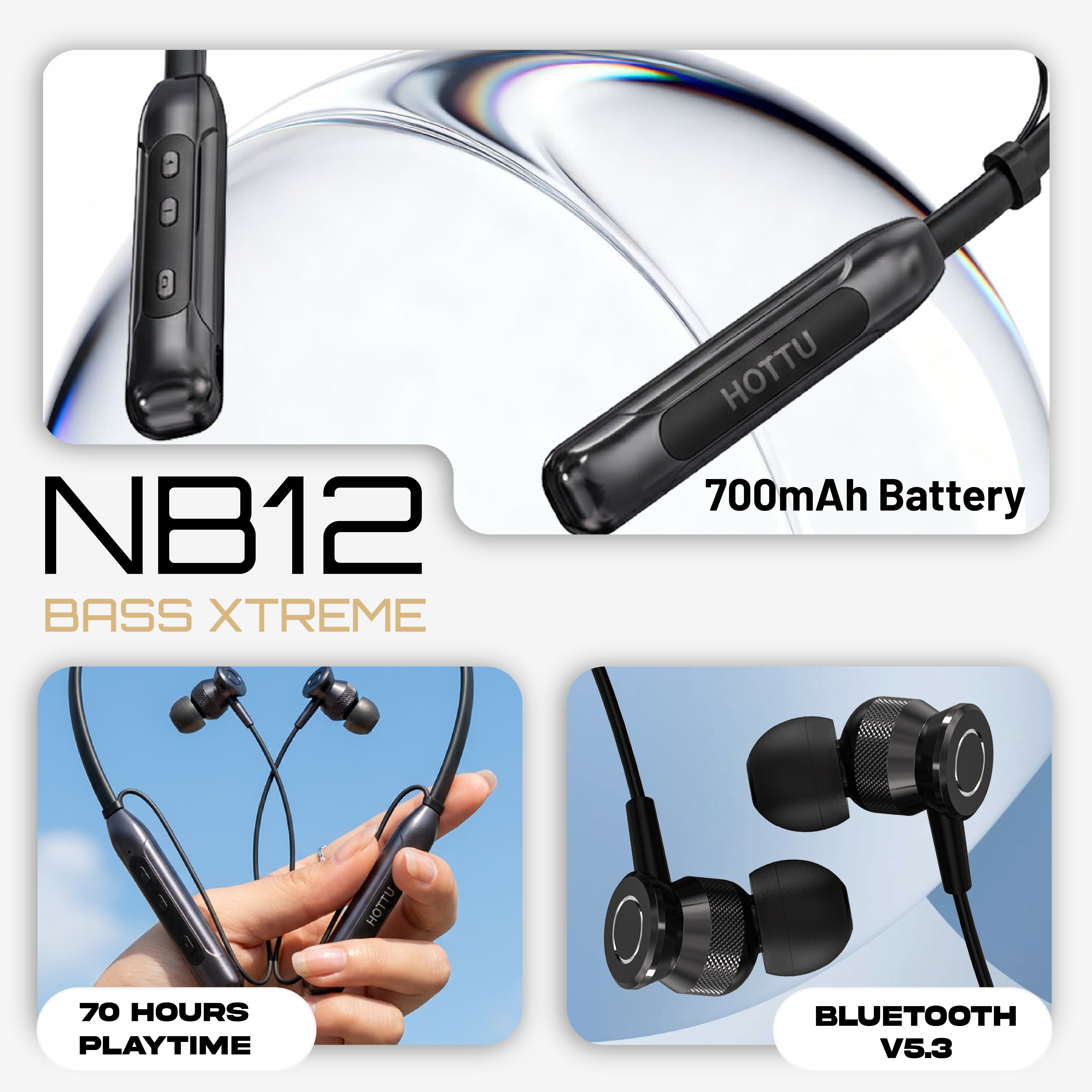 HOTTU NB12 Bass Xtreme Wireless Bluetooth Neckband - 70 Hours