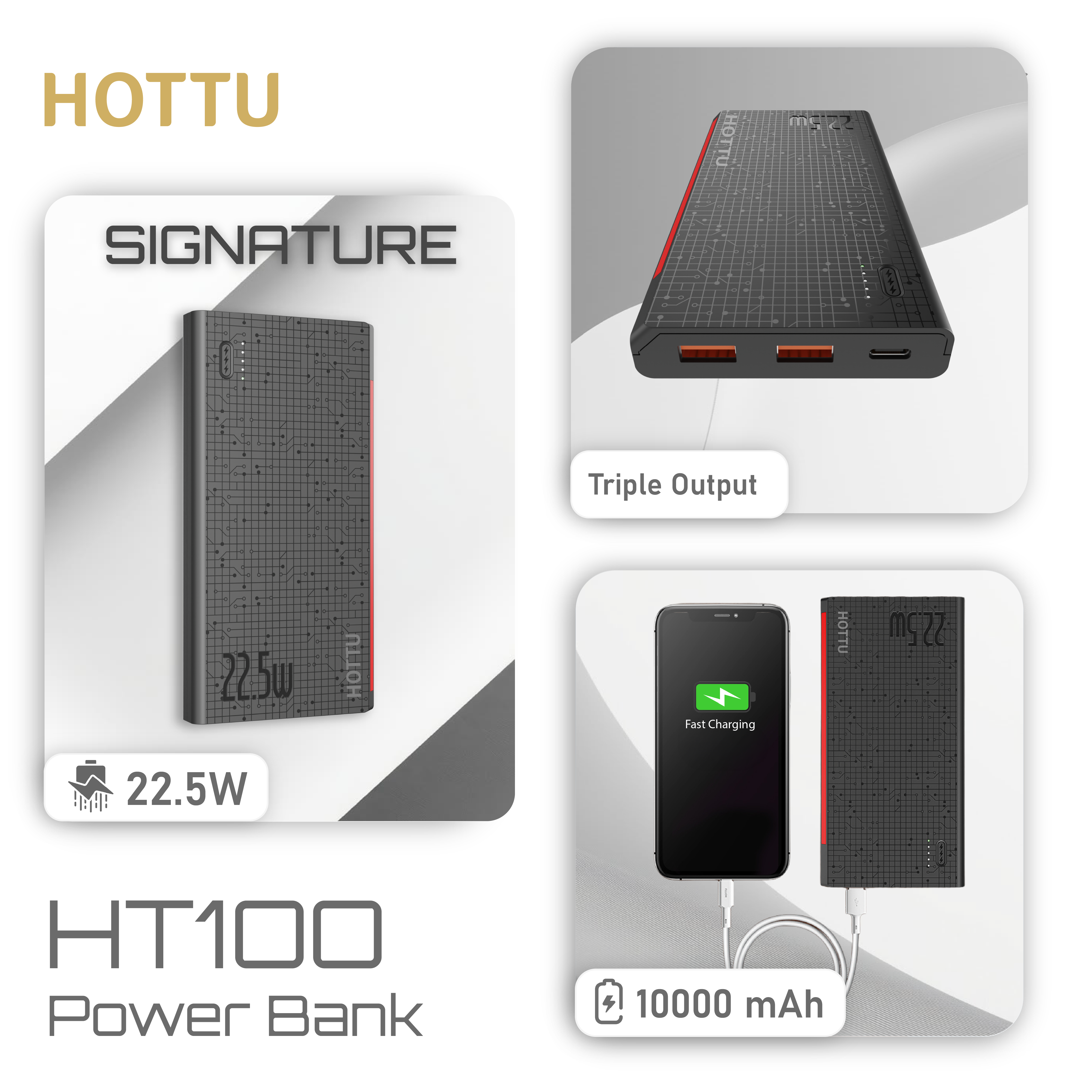 HOTTU HT100 Signature Power Bank – 10000mAh, 22.5W Fast Charging & Dual USB Output