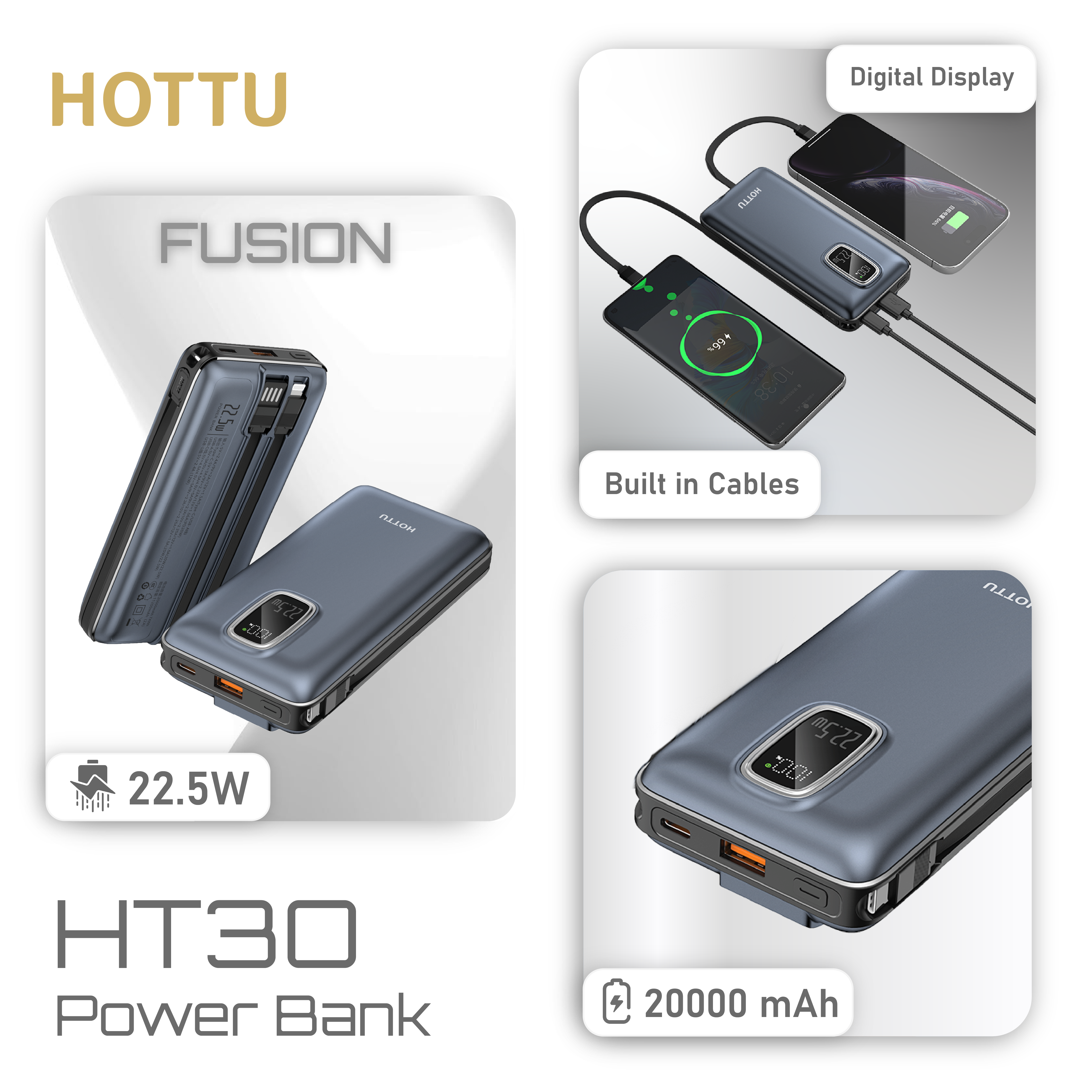 HOTTU HT30 Fusion 20000mAh 22.5W Fast Charging Power Bank with Built-in Cables