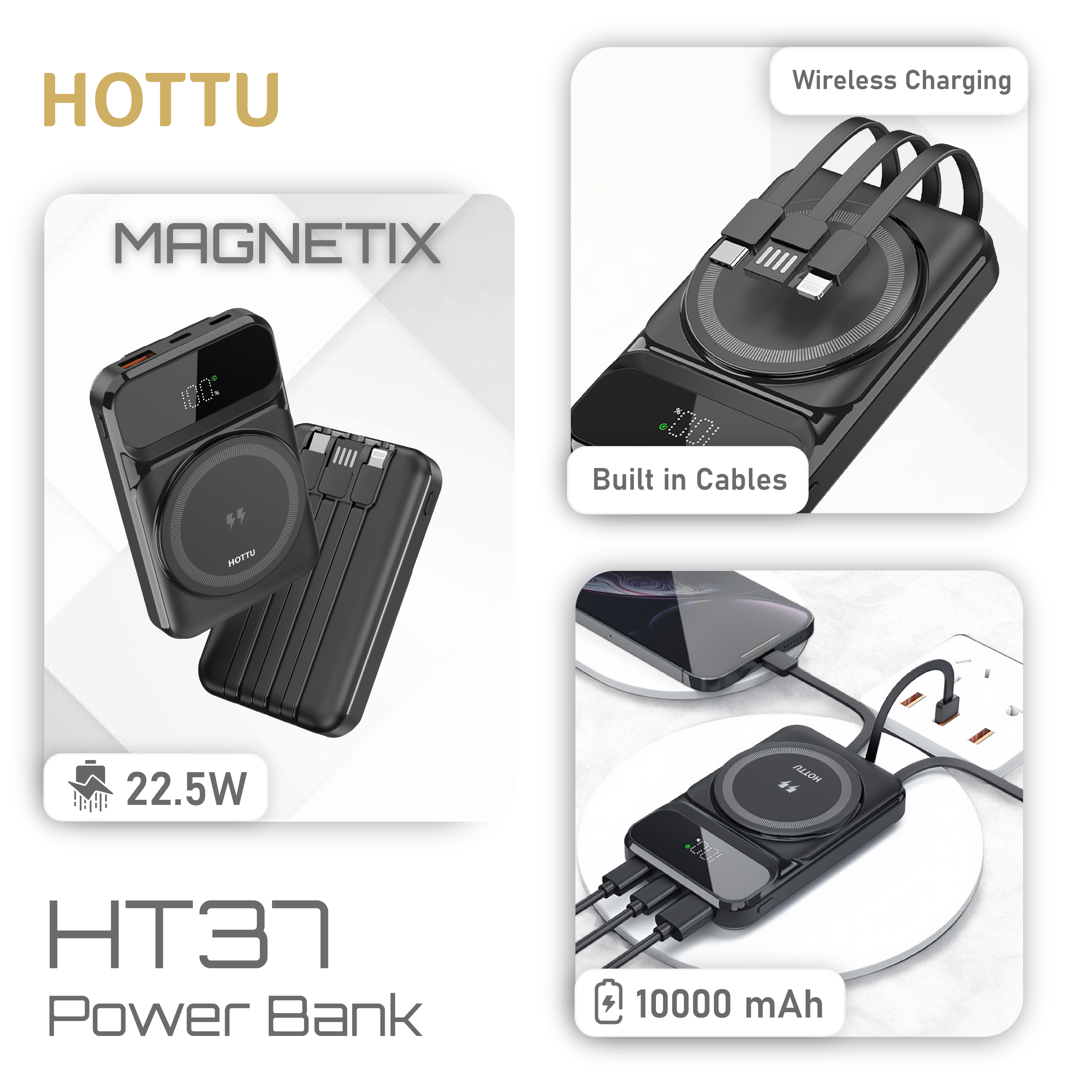 HOTTU HT37 Magnetix Power Bank – 10000mAh, 15W MagSafe Wireless & 22.5W Fast Charging