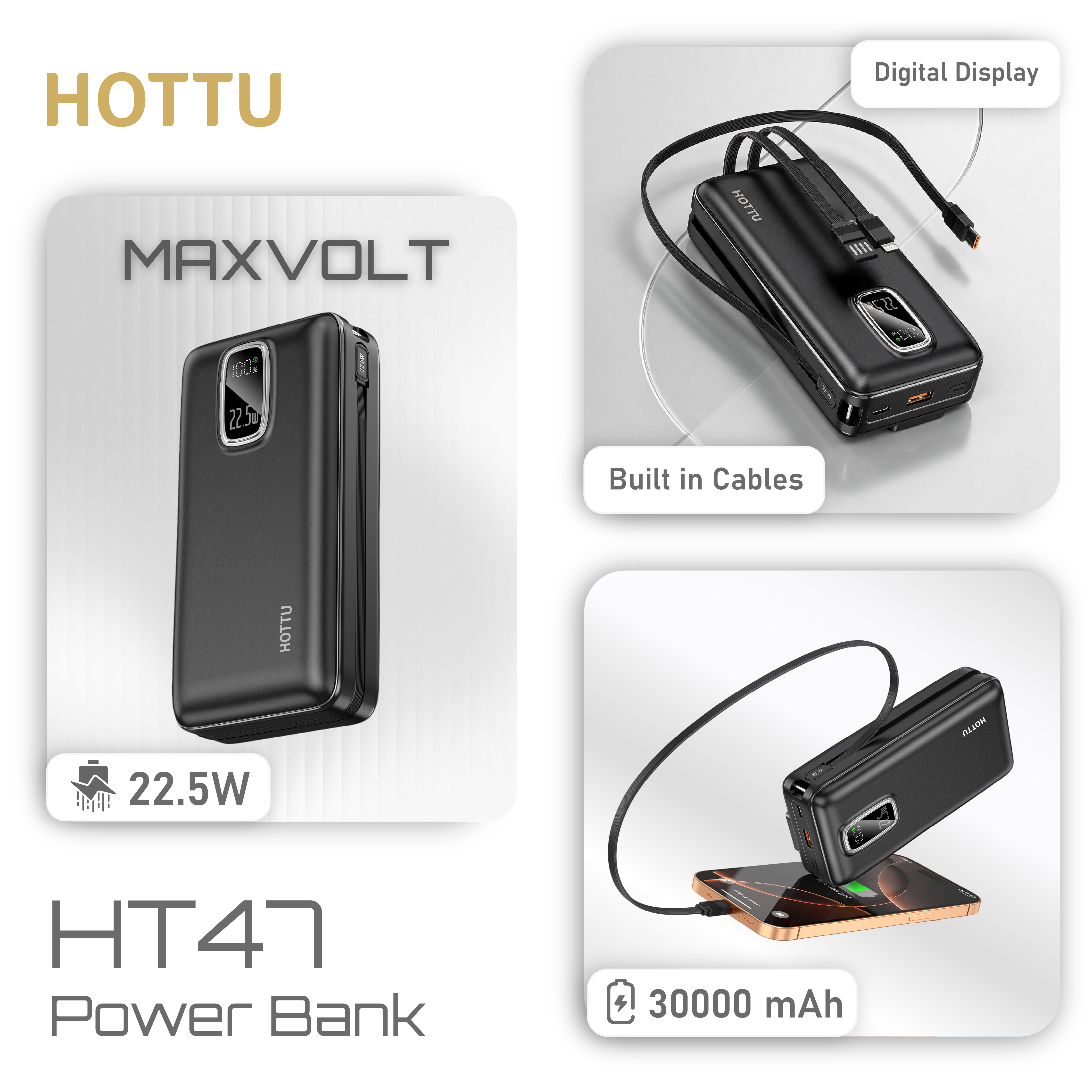 HOTTU HT47 Max Volt 30000mAh 22.5W Fast Charging Power Bank with Built-in Cable