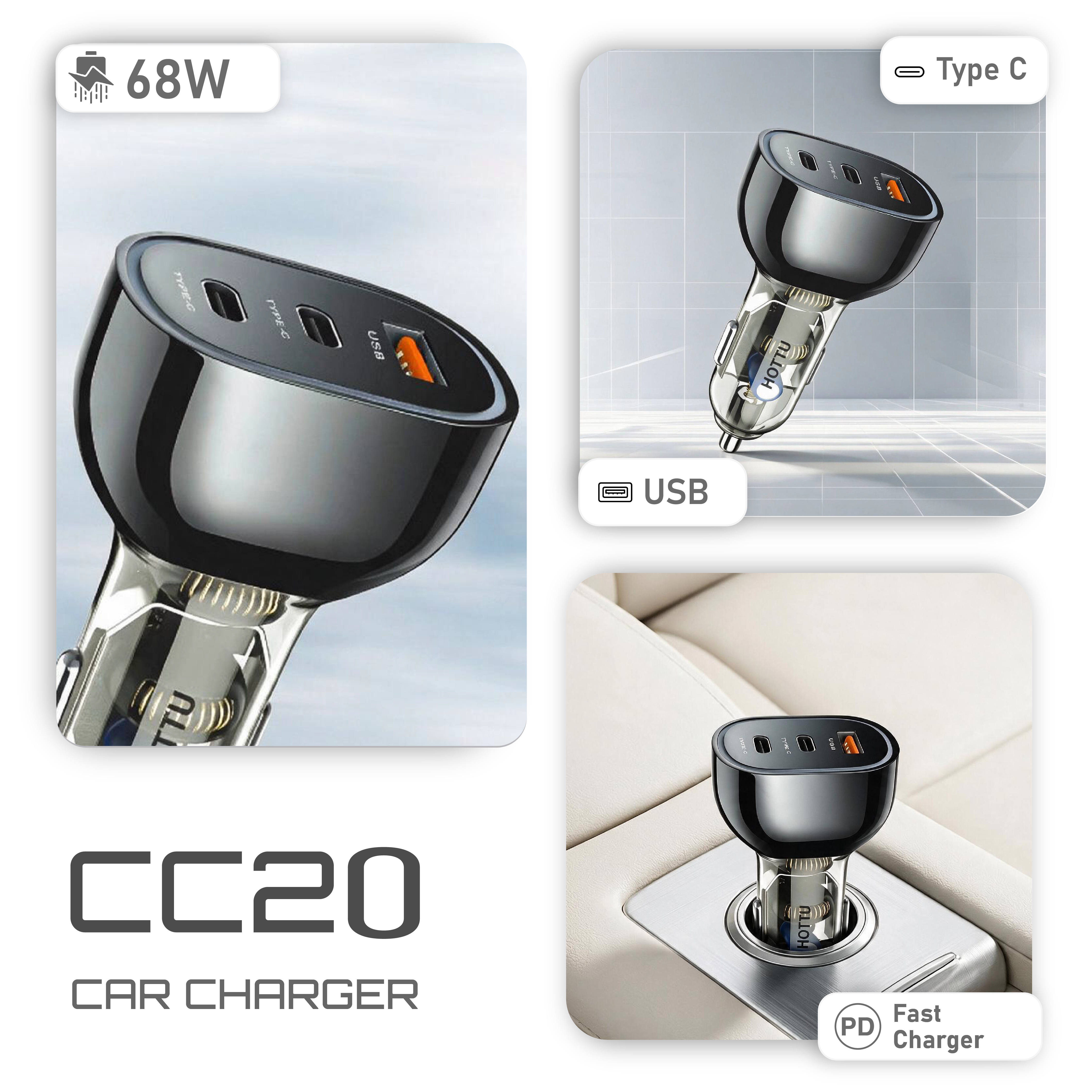 HOTTU CC20 Car Fast Charger 68W | 2 Type C | 1 USB A