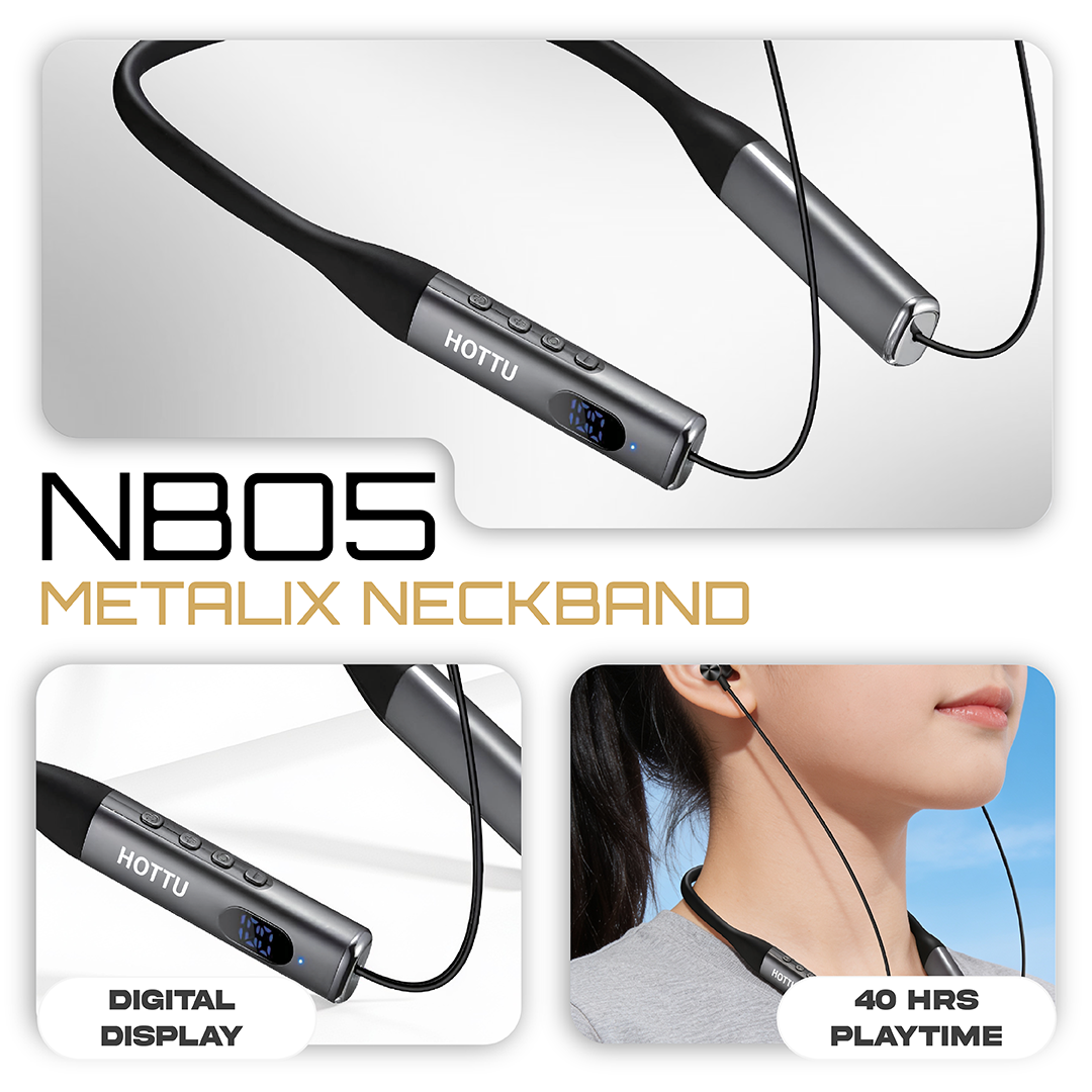 HOTTU NB05 Metalix Wireless Neckband – Bluetooth 5.3, 40H Playtime & Hi-Fi Sound