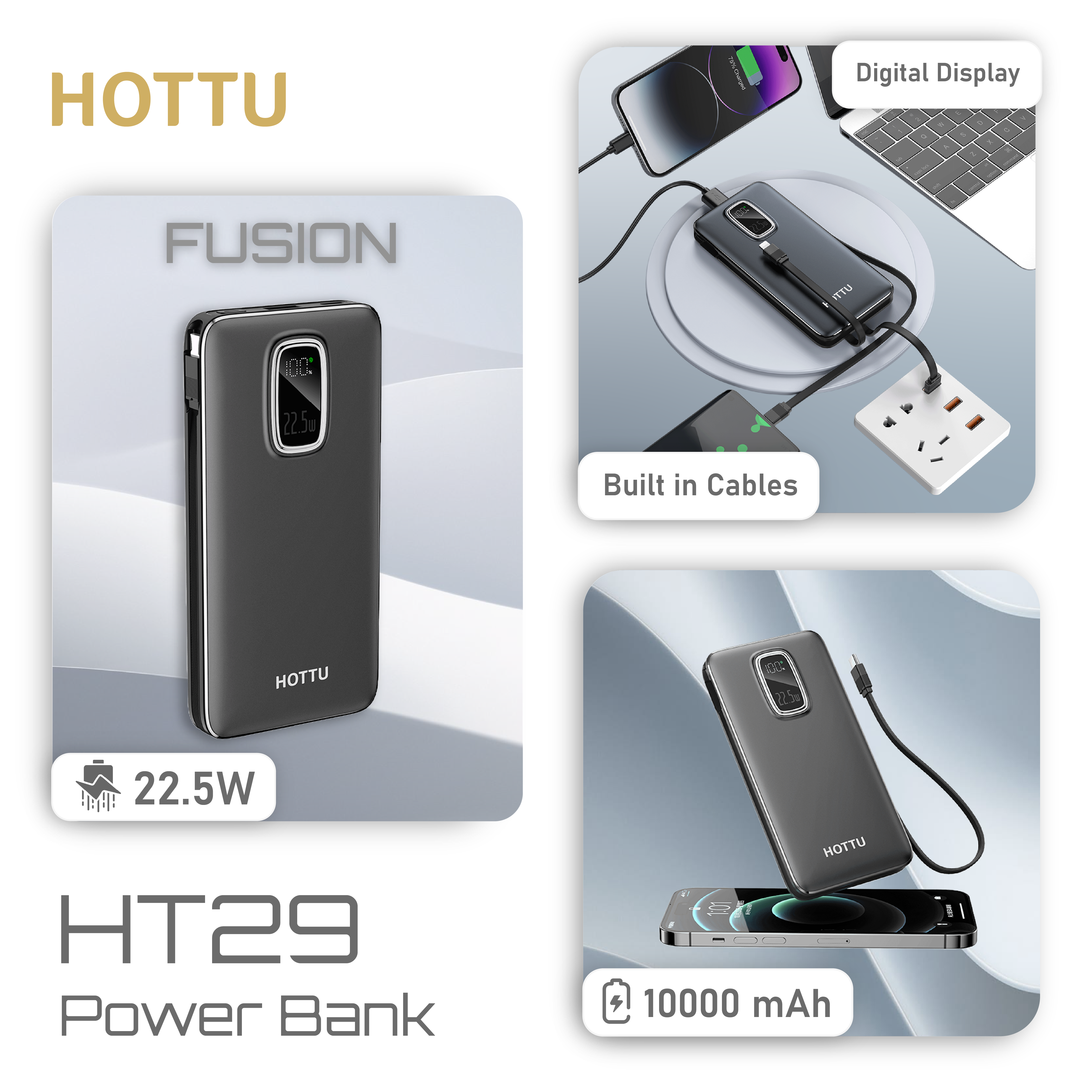 HOTTU HT29 Power Bank – 10000mAh, 22.5W Fast Charging & Built-in Cables (Fusion Series)