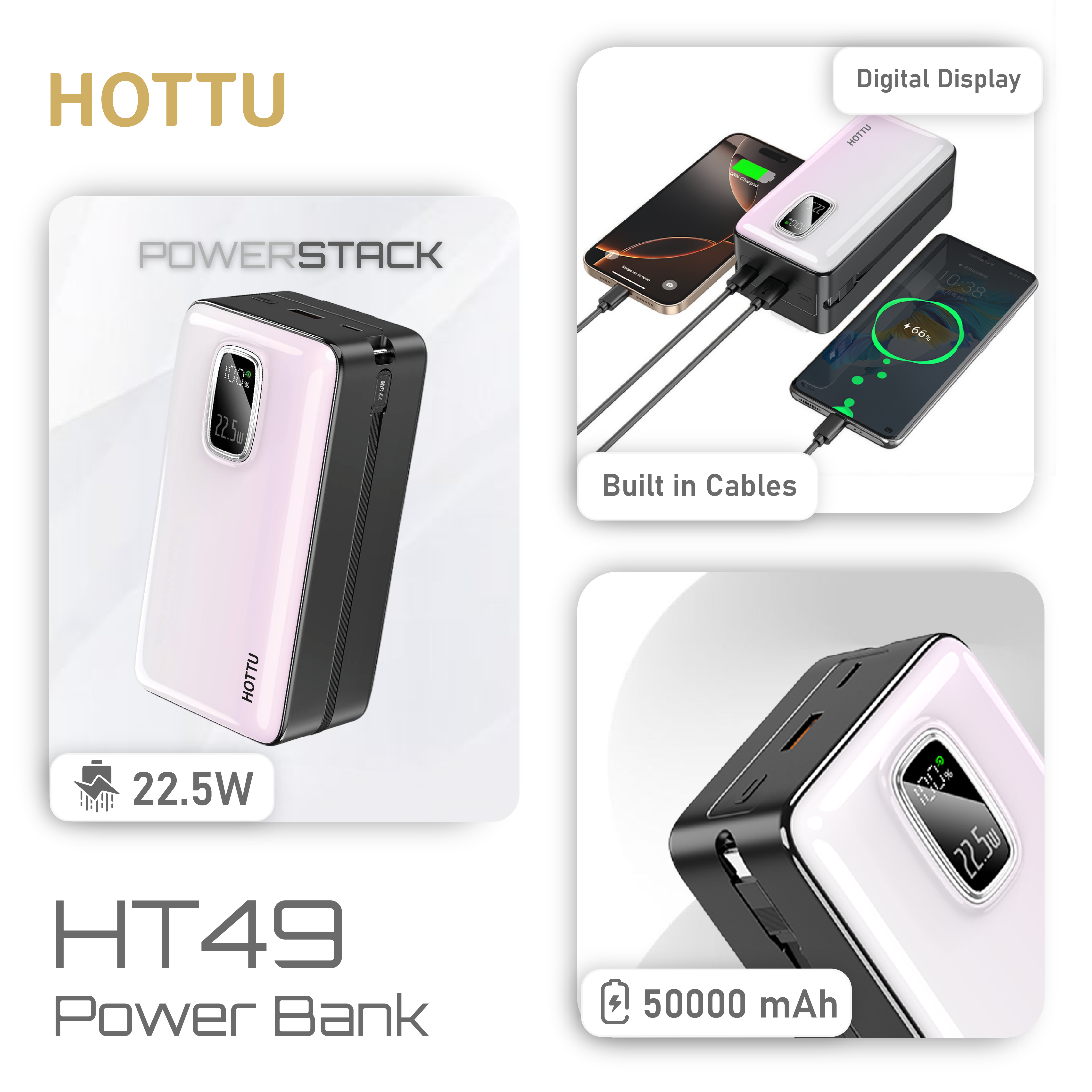 HOTTU HT49 Power Stack 50000mAh 22.5W Fast Charging Power Bank with Built-in Cables