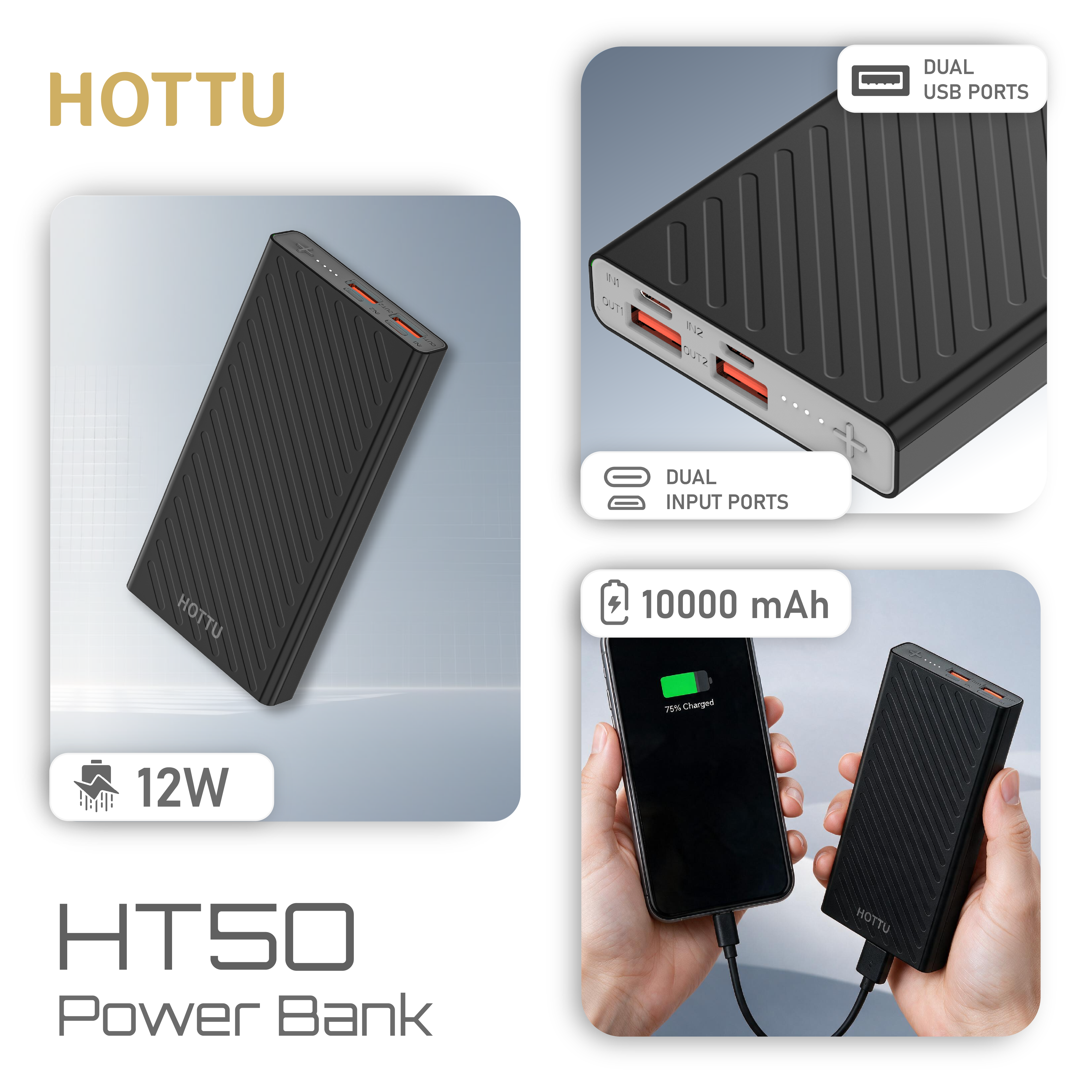HOTTU HT50 Eco Volt Power Bank – 10000mAh, 12W Fast Charging & Dual Input