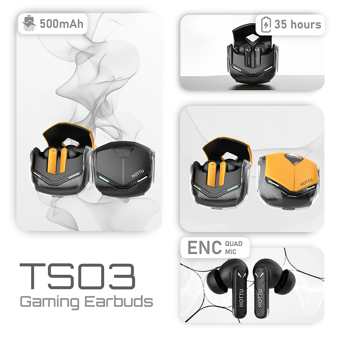 HOTTU TS03 Wireless Gaming Earbuds – Quad Mic ENC, Low Latency & 35 Hours Playtime
